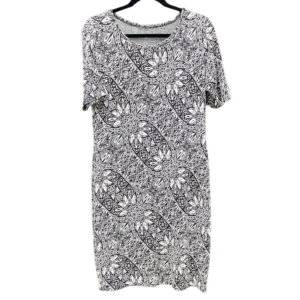 New Black & White Soft Stretchy Short Sleeve Midi Lace Print Dress